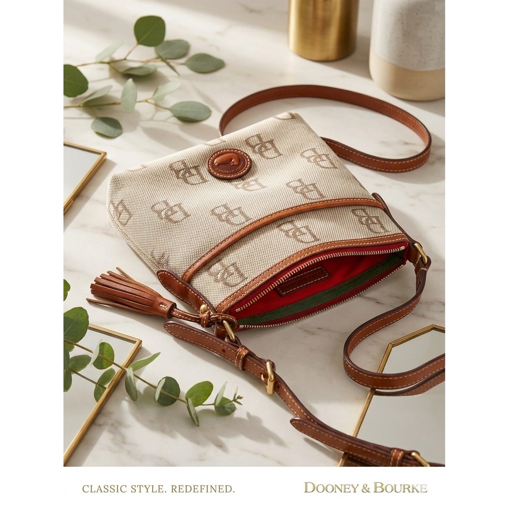 Dooney & Bourke Gretta 🤎Monogram Canvas Crossbody Bag Beige Brown Leather Trim